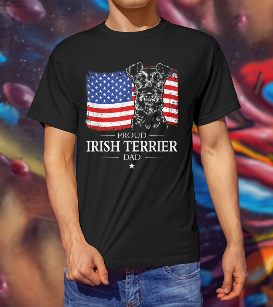 Proud Irish Terrier Dad With American Flag Background T-Shirt