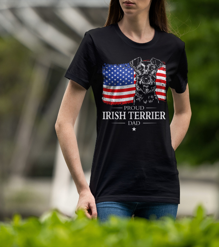 Proud Irish Terrier Dad With American Flag Background T-Shirt