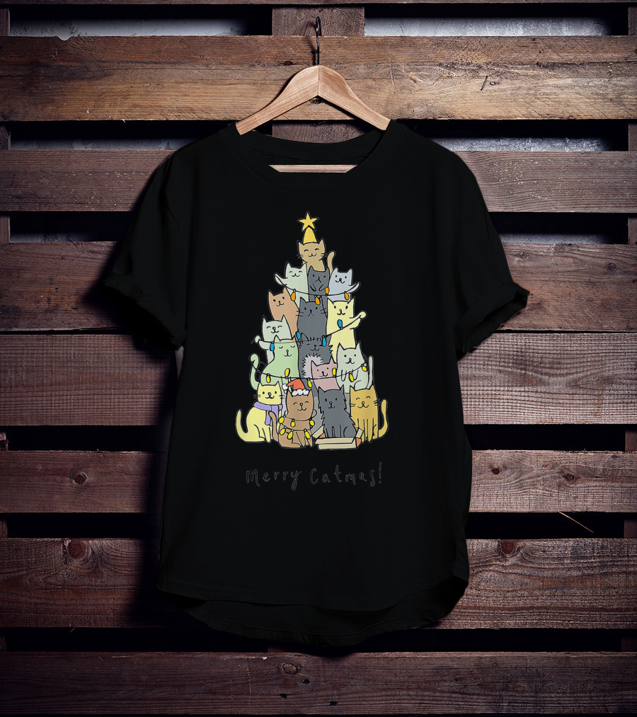 Merry Catmas Funny Cats Christmas Tree With Star And Decorations T-Shirt