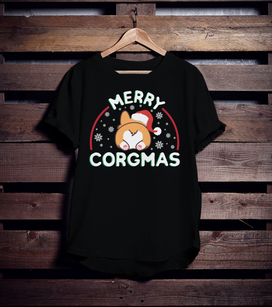 Merry Corgmas Corgi Doggo With Santa Hat And Snowflakes T-Shirt