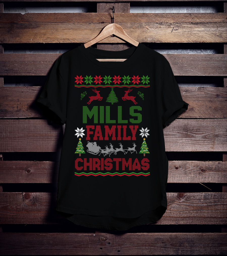 Mills Family Christmas Reindeer Sleigh Ugly Sweater Holiday Trees T-Shirt