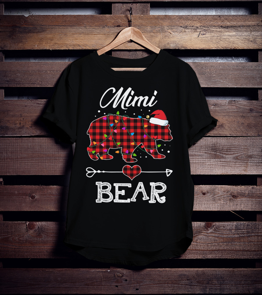 Mimi Bear Christmas Red Plaid Buffalo Santa Hat Lights T-Shirt