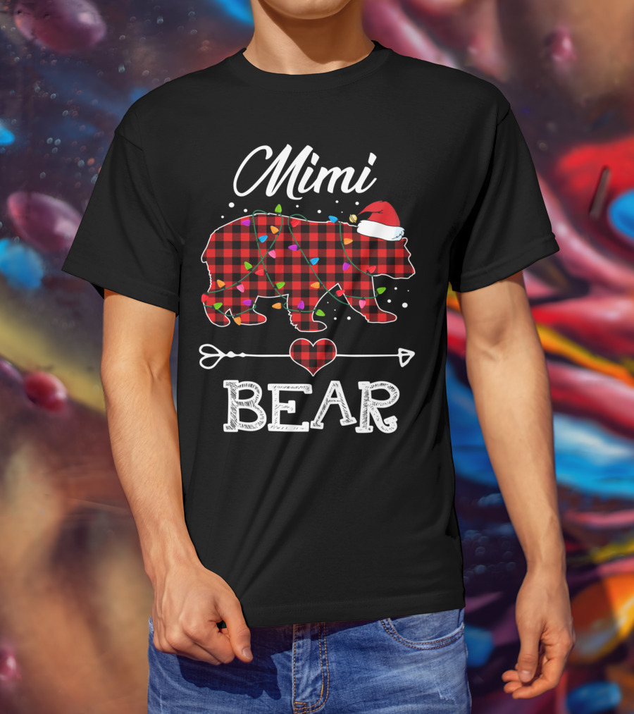 Mimi Bear Christmas Red Plaid Buffalo Santa Hat Lights T-Shirt