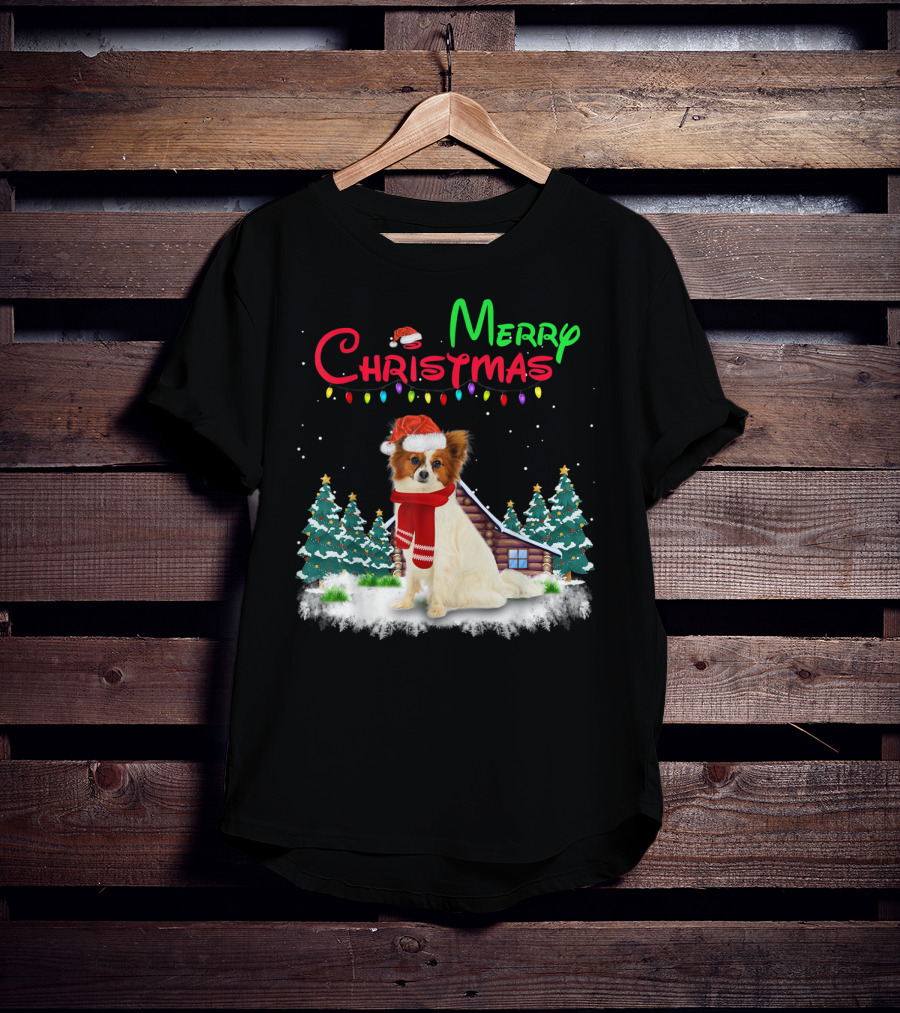 Papillon Dog With Santa Hat And Christmas Lights In Snowy Holiday Scene T-Shirt