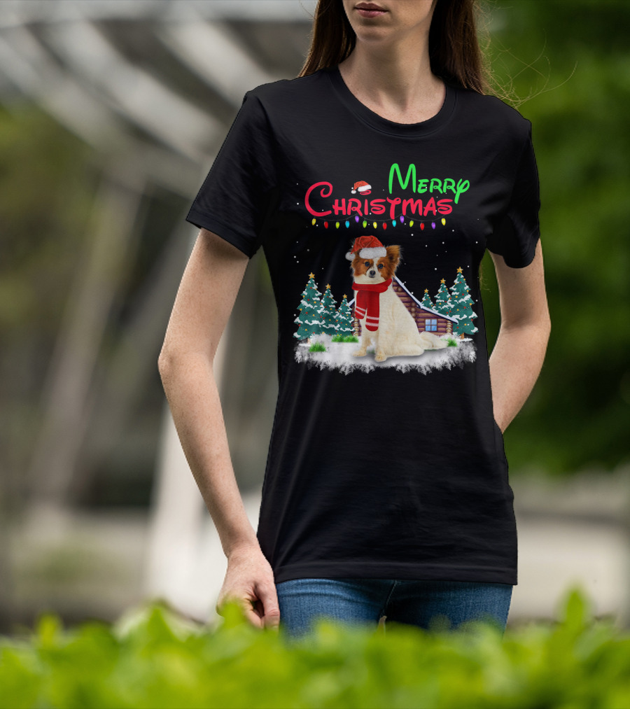 Papillon Dog With Santa Hat And Christmas Lights In Snowy Holiday Scene T-Shirt