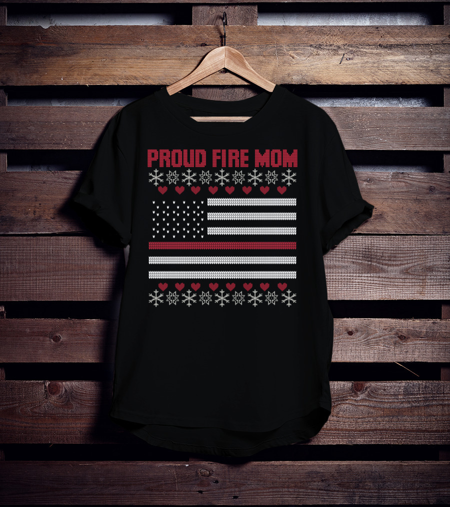 Proud Fire Mom Thin Red Line American Flag Snowflakes Hearts T-Shirt