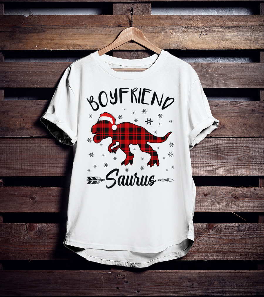 Boyfriend Saurus Red Plaid Dinosaur Christmas Hat T-Shirt