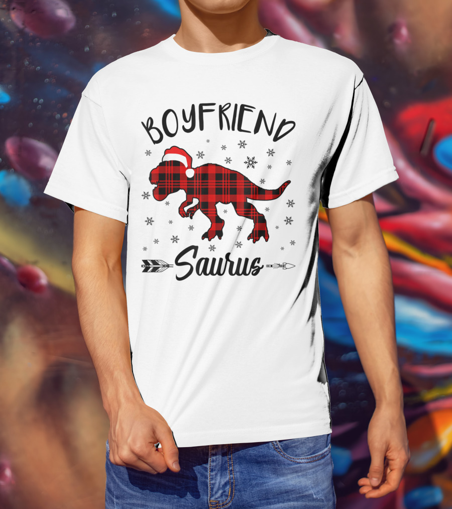 Boyfriend Saurus Red Plaid Dinosaur Christmas Hat T-Shirt