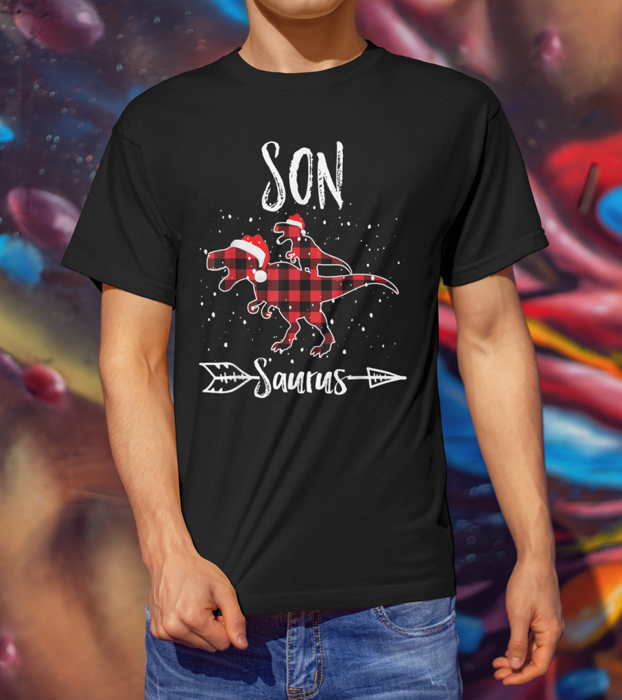 Son Saurus Red Plaid Santa Dinosaur T-Shirt