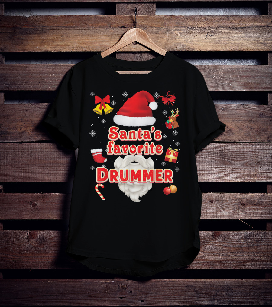 Santa's Favorite Drummer Christmas Santa Hat Reindeer Gift Bells Snowflakes Candy Cane Ornaments T-Shirt