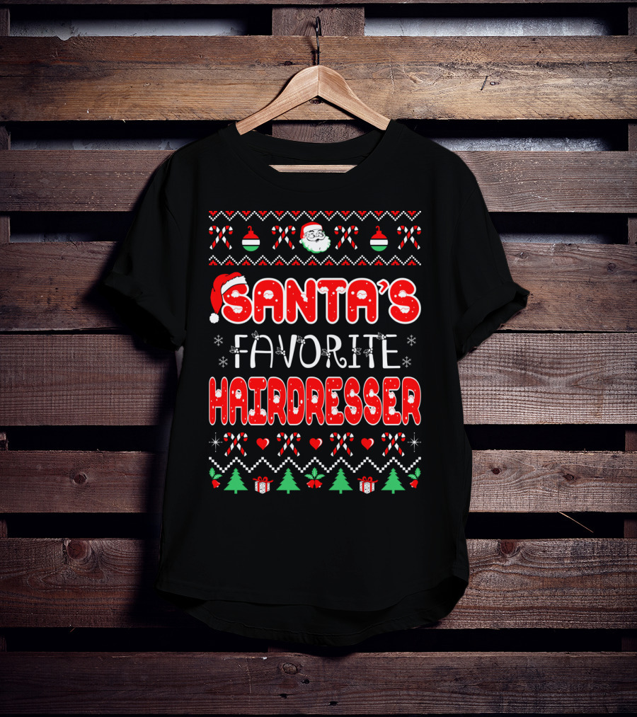 Santa's Favorite Hairdresser Christmas Candy Canes Ornament Santa Hat Snowflakes T-Shirt