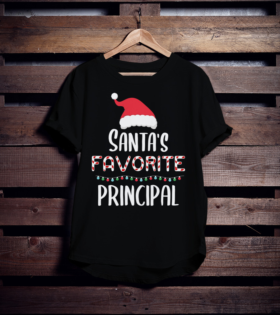 Santa's Favorite Principal Christmas Hat And Lights T-Shirt