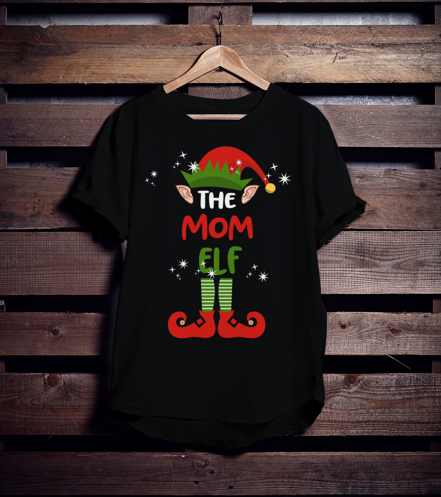 The Mom Elf Funny Christmas Elf Hat Ears Striped Socks Red Shoes T-Shirt