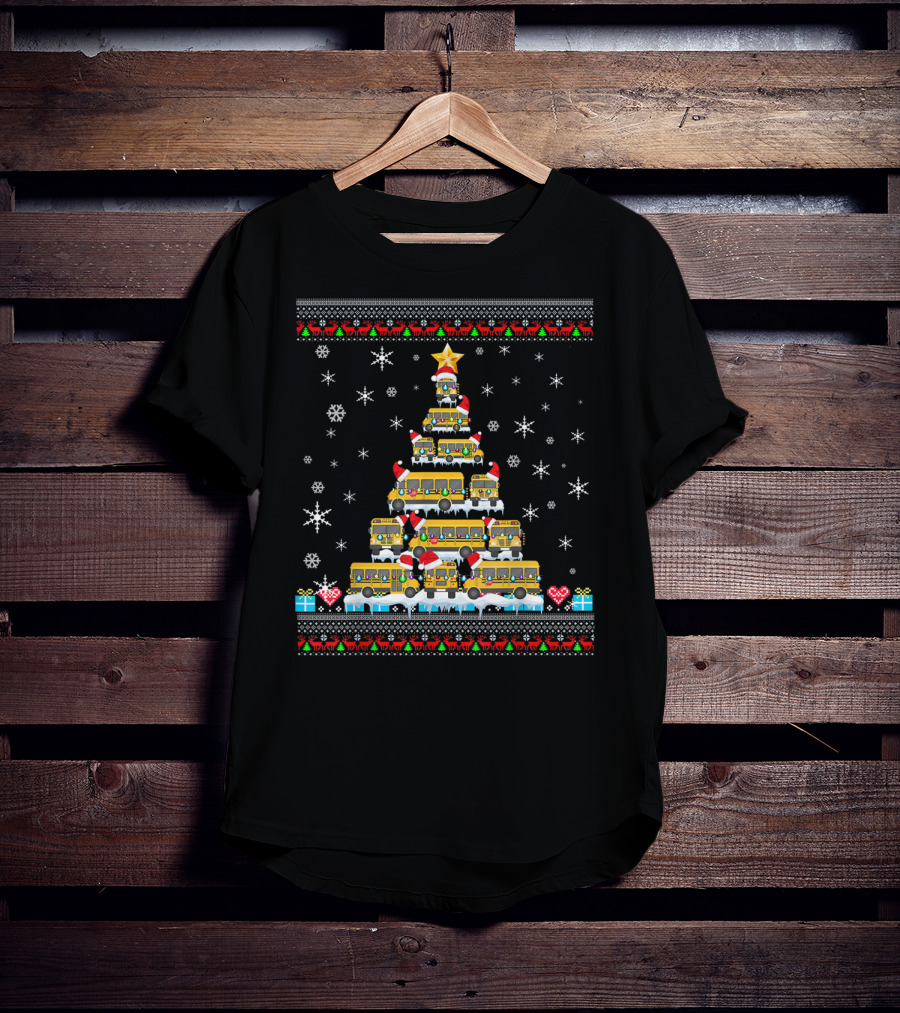 Ugly Christmas Tree Built From School Buses With Snowflakes And Holiday Decorations For Bus Driver Lovers T-Shirt