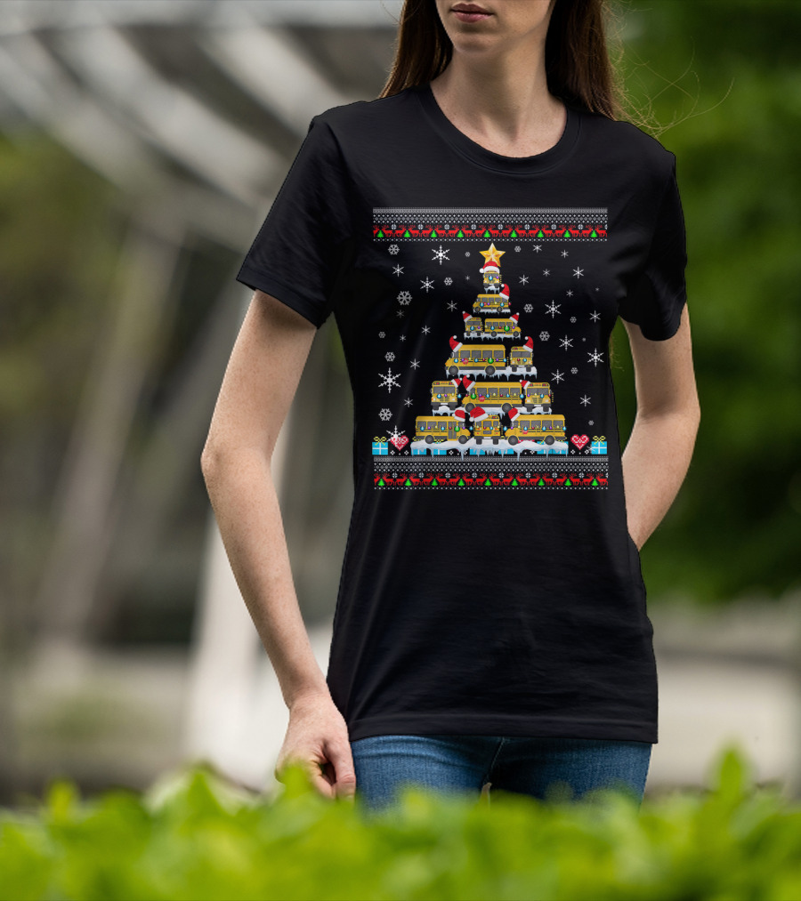 Ugly Christmas Tree Built From School Buses With Snowflakes And Holiday Decorations For Bus Driver Lovers T-Shirt
