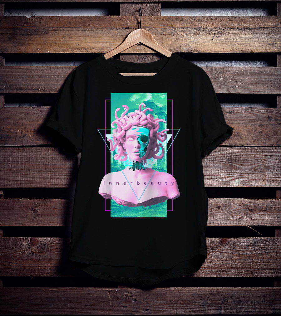 Vaporwave Inner Beauty Medusa Statue With Skull Aesthetic T-Shirt