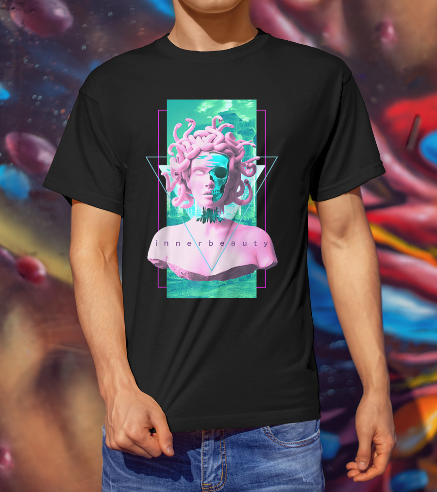 Vaporwave Inner Beauty Medusa Statue With Skull Aesthetic T-Shirt