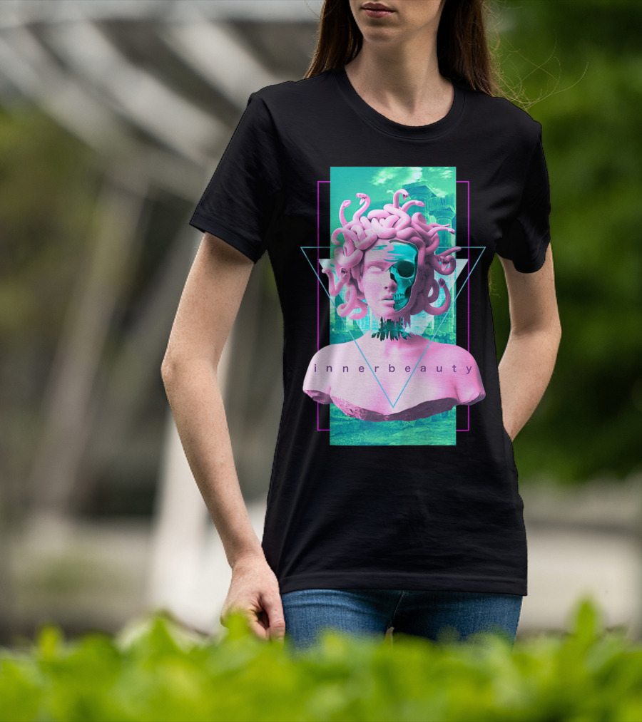 Vaporwave Inner Beauty Medusa Statue With Skull Aesthetic T-Shirt