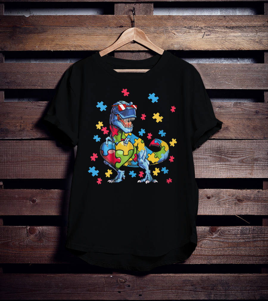 Dinosaur T-Rex Holding Puzzle Heart Autism Awareness T-Shirt