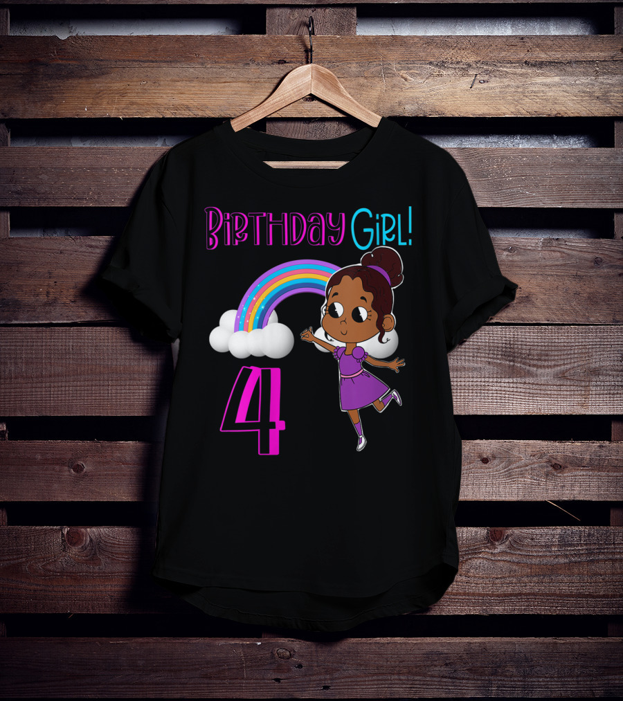 Birthday Girl 4 African American Rainbow And Girl In Purple Dress T-Shirt