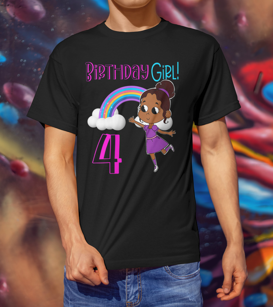 Birthday Girl 4 African American Rainbow And Girl In Purple Dress T-Shirt