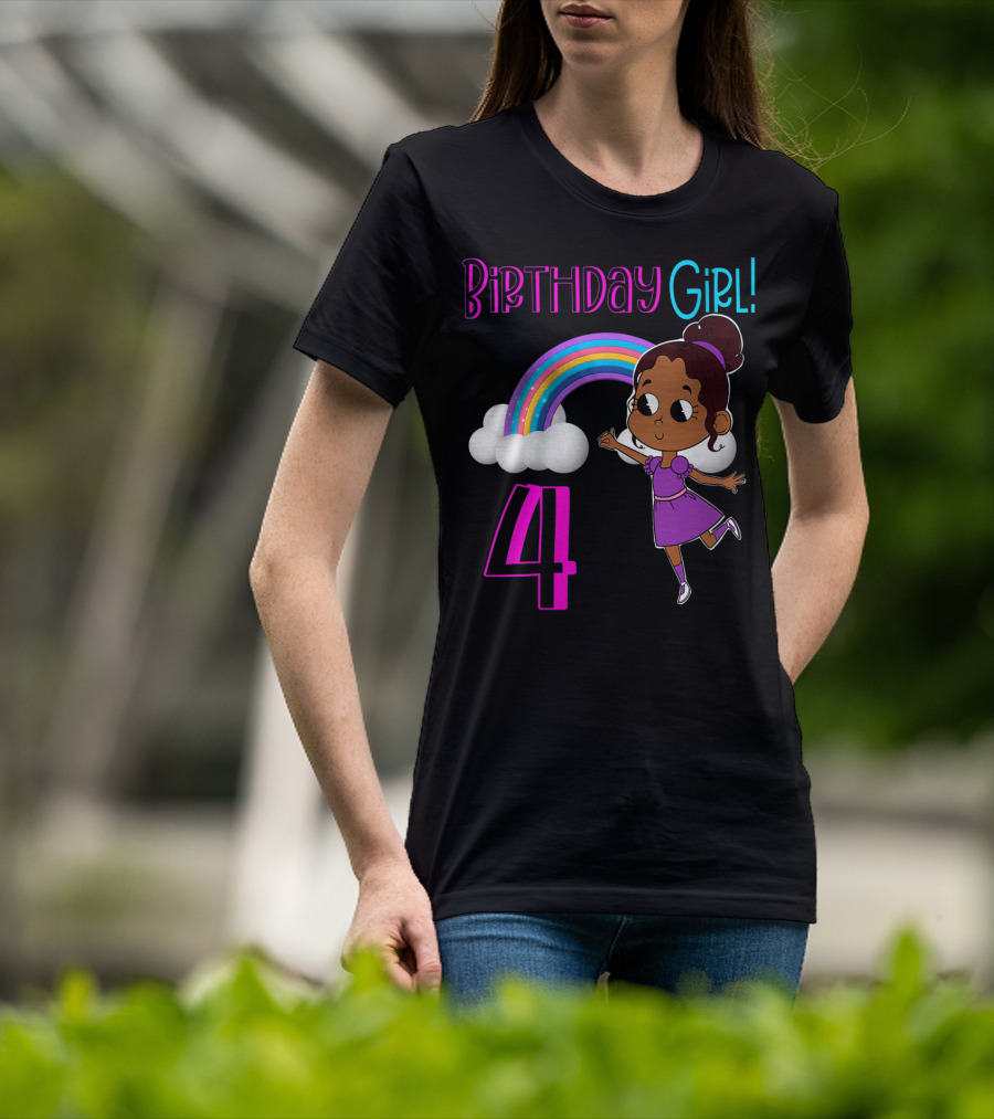 Birthday Girl 4 African American Rainbow And Girl In Purple Dress T-Shirt