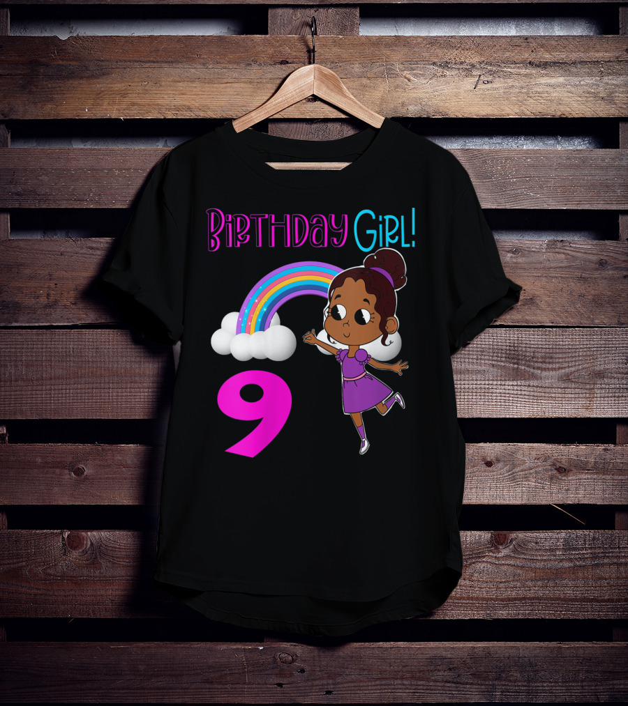 Birthday Girl 9 African American Rainbow Purple Dress T-Shirt