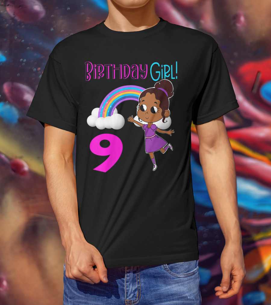 Birthday Girl 9 African American Rainbow Purple Dress T-Shirt