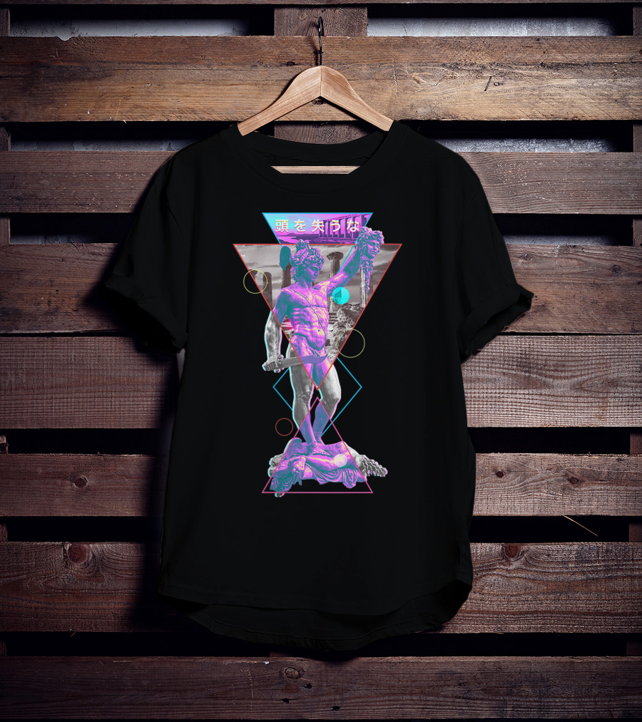 Perseus And Medusa Vaporwave Aesthetic With Japanese Text And Geometric Shapes T-Shirt