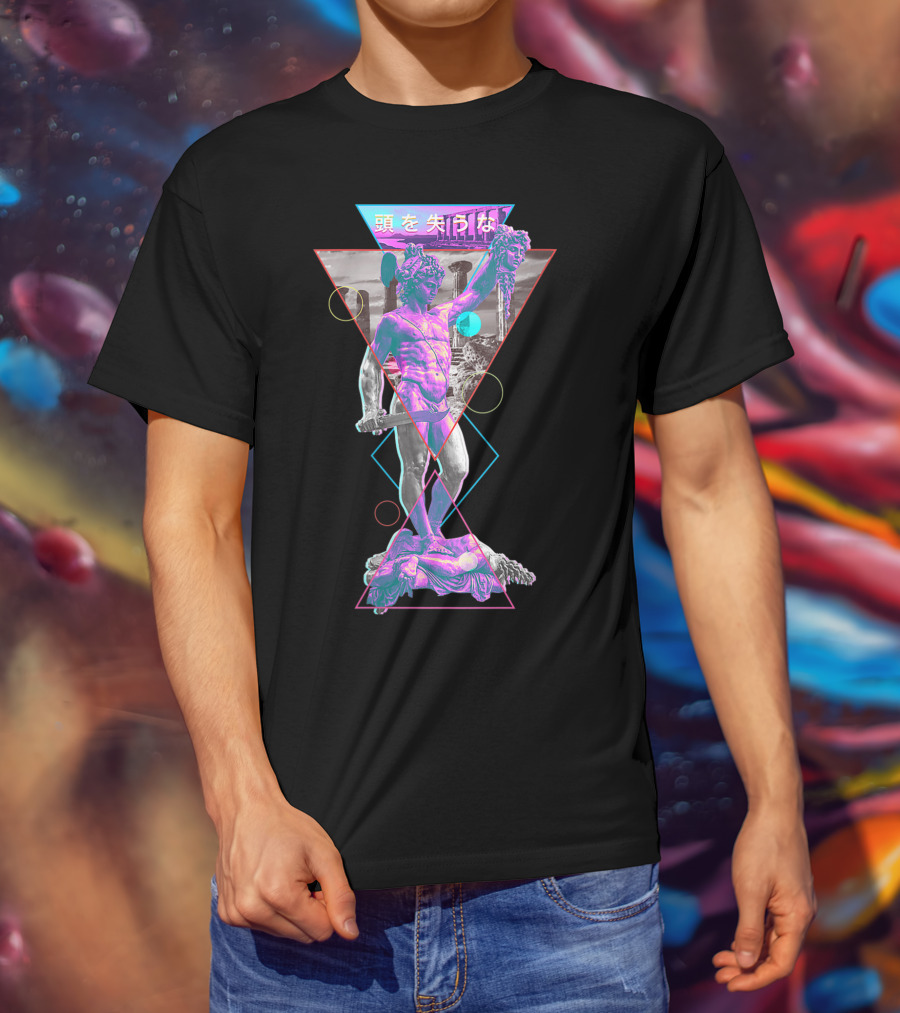 Perseus And Medusa Vaporwave Aesthetic With Japanese Text And Geometric Shapes T-Shirt