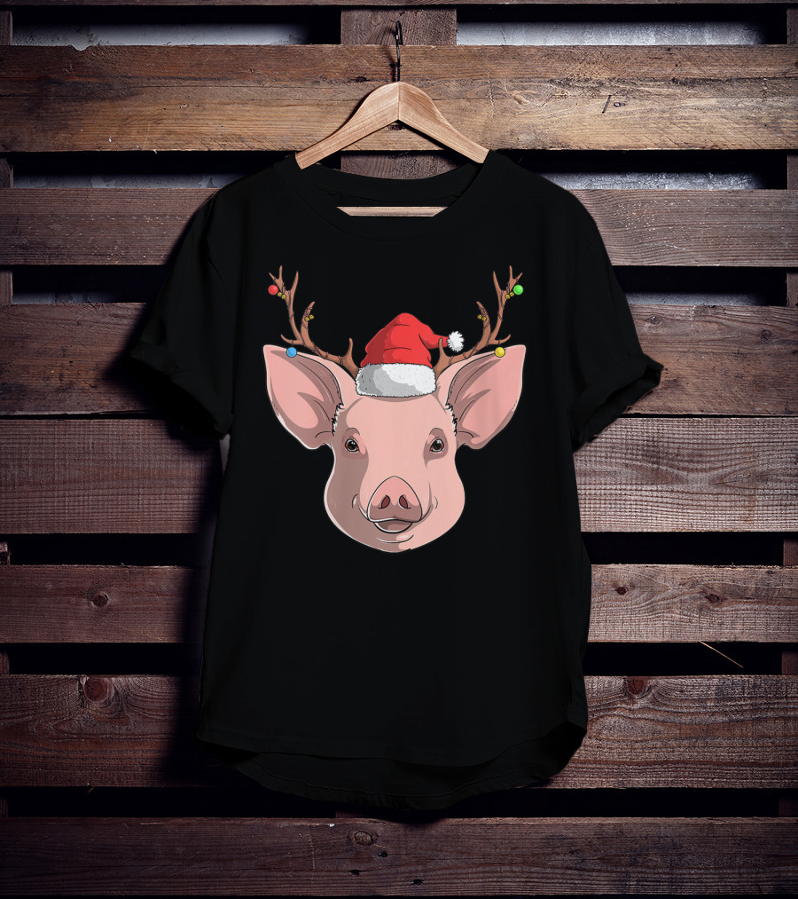 Pig With Santa Hat And Reindeer Antlers T-Shirt