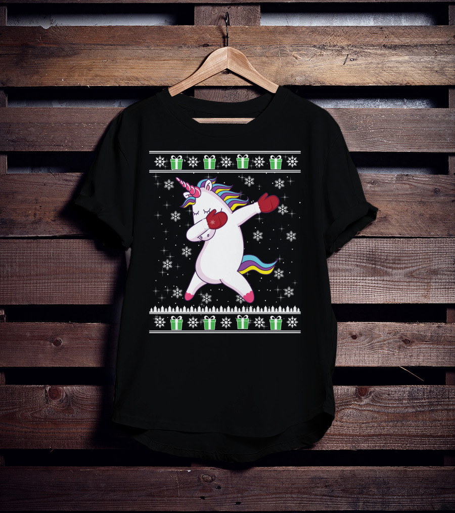 Unicorn Dabbing Christmas Presents Snowflakes Holiday Ugly T-Shirt