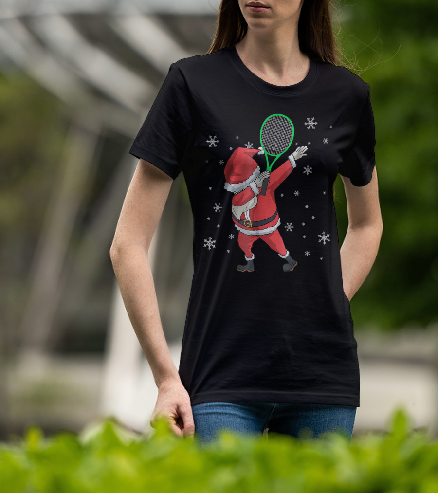 Dabbing Santa Claus With Tennis Racket And Snowflakes T-Shirt