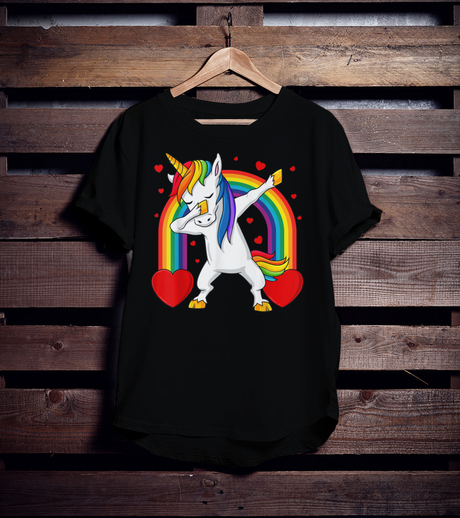 Dabbing Unicorn With Rainbow And Hearts T-Shirt