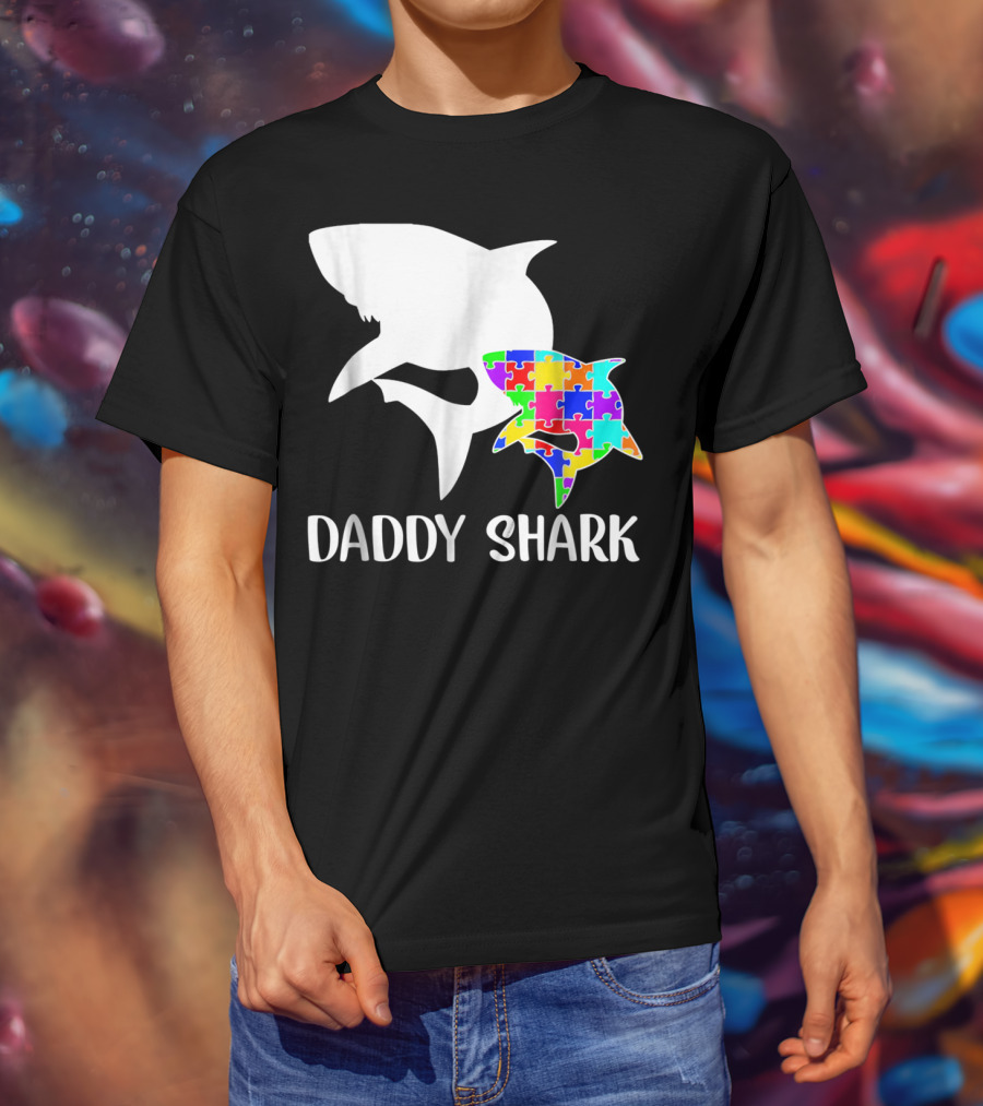 Daddy Shark Autism Awareness Puzzle Colorful T-Shirt