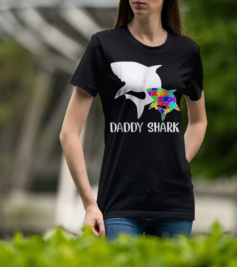 Daddy Shark Autism Awareness Puzzle Colorful T-Shirt