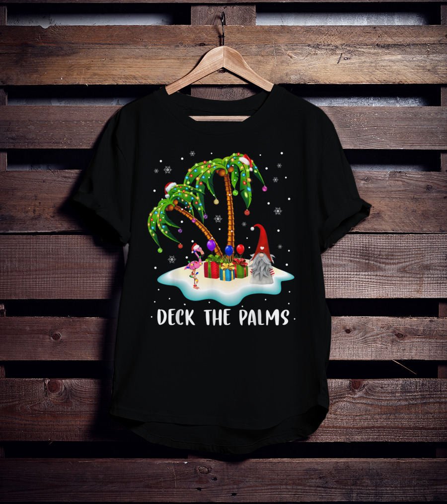 Deck The Palms Tropical Christmas Palm Tree With Santa Hat Flamingo And Gnome On Snowy Island T-Shirt
