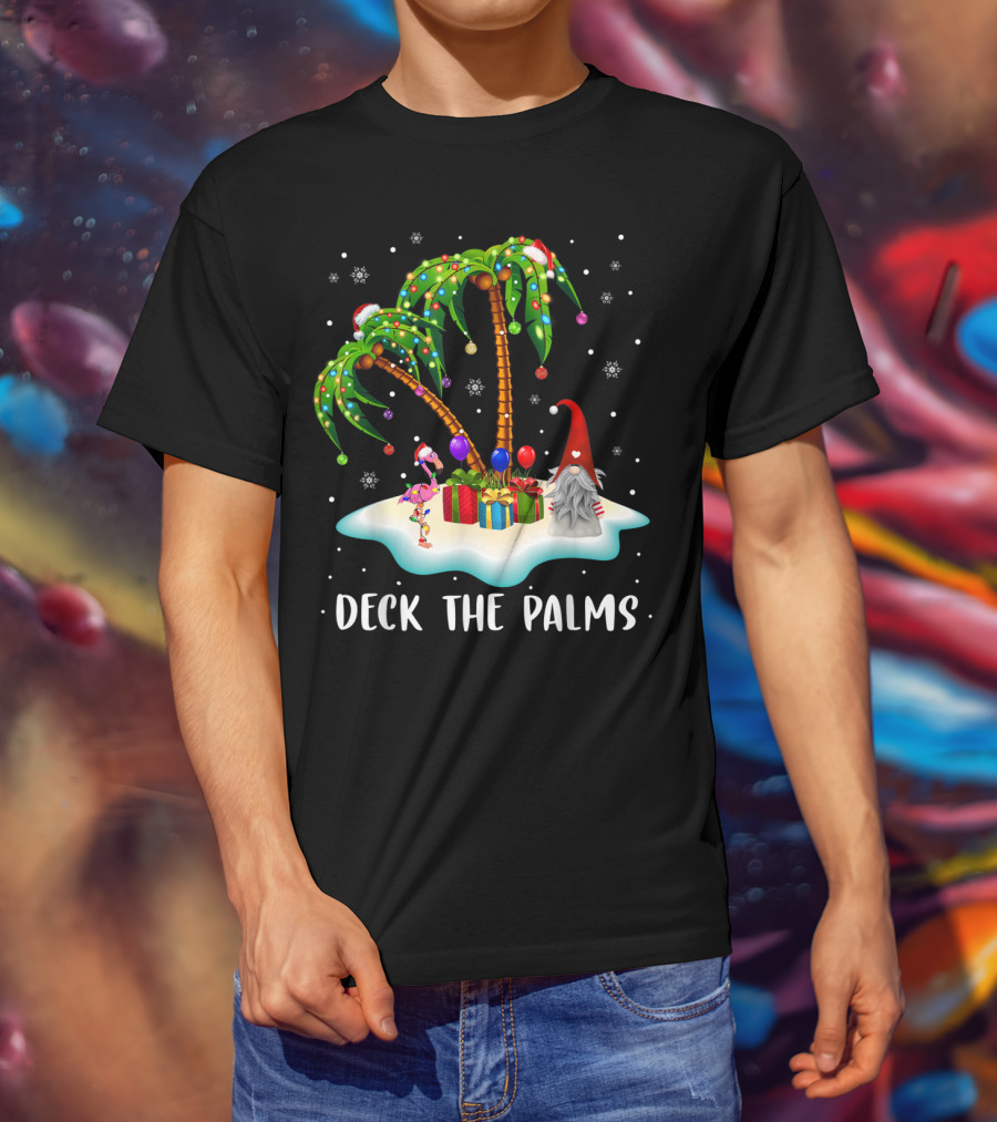 Deck The Palms Tropical Christmas Palm Tree With Santa Hat Flamingo And Gnome On Snowy Island T-Shirt
