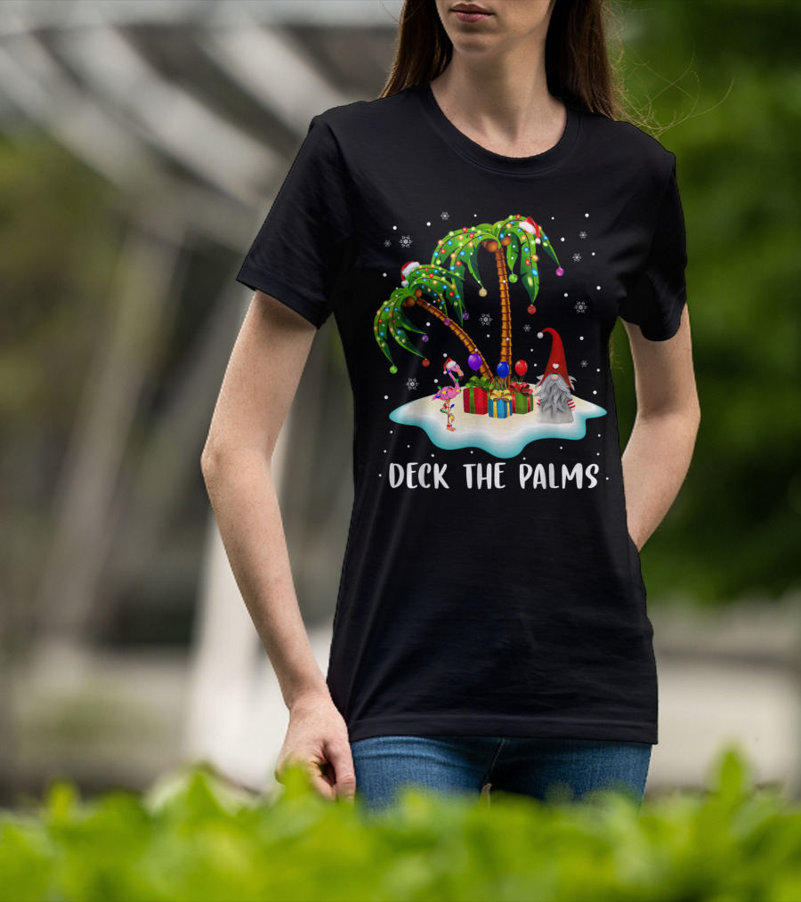 Deck The Palms Tropical Christmas Palm Tree With Santa Hat Flamingo And Gnome On Snowy Island T-Shirt