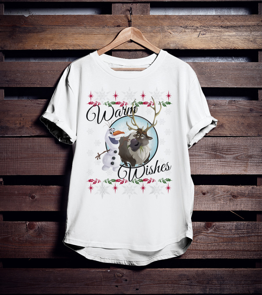 Disney Frozen Olaf Sven Warm Wishes Snowflakes Holiday Scene T-Shirt