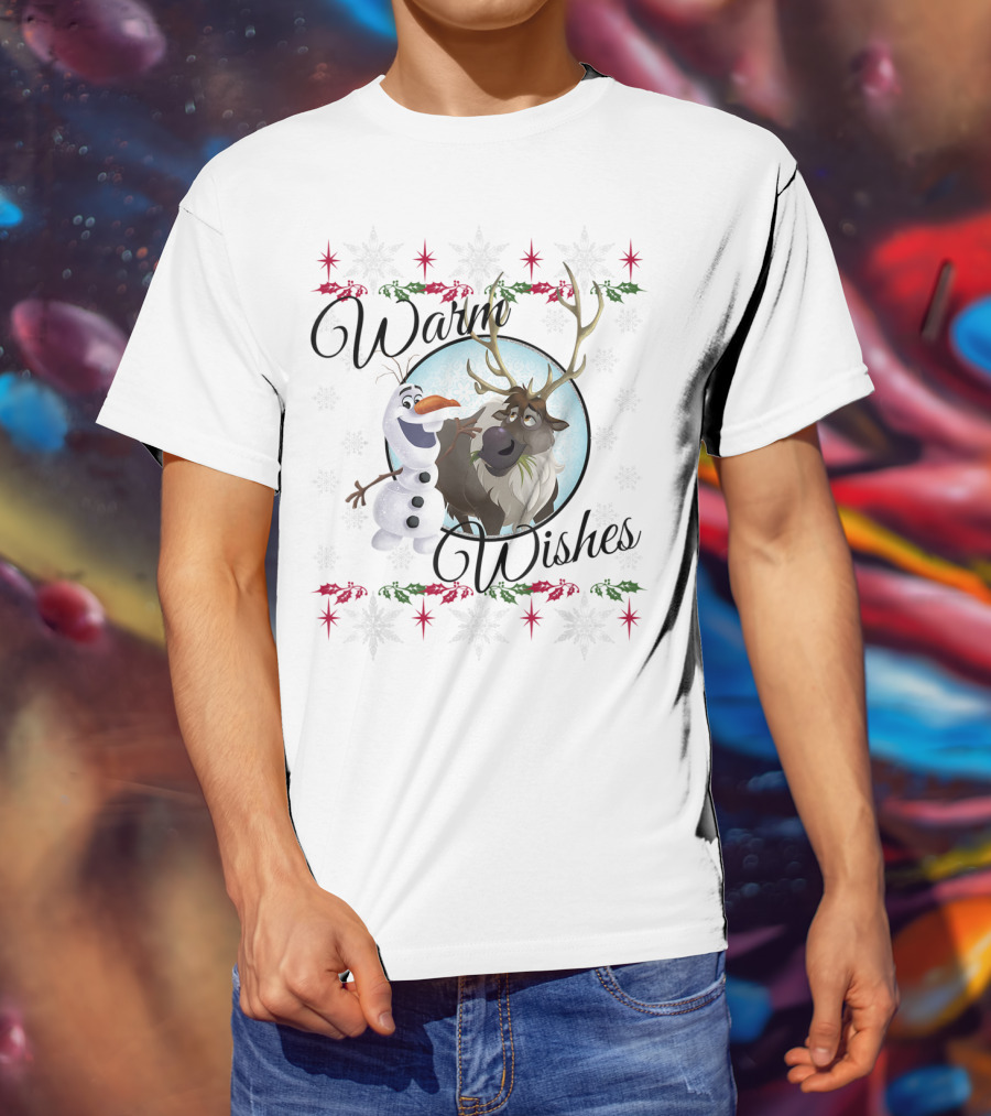 Disney Frozen Olaf Sven Warm Wishes Snowflakes Holiday Scene T-Shirt