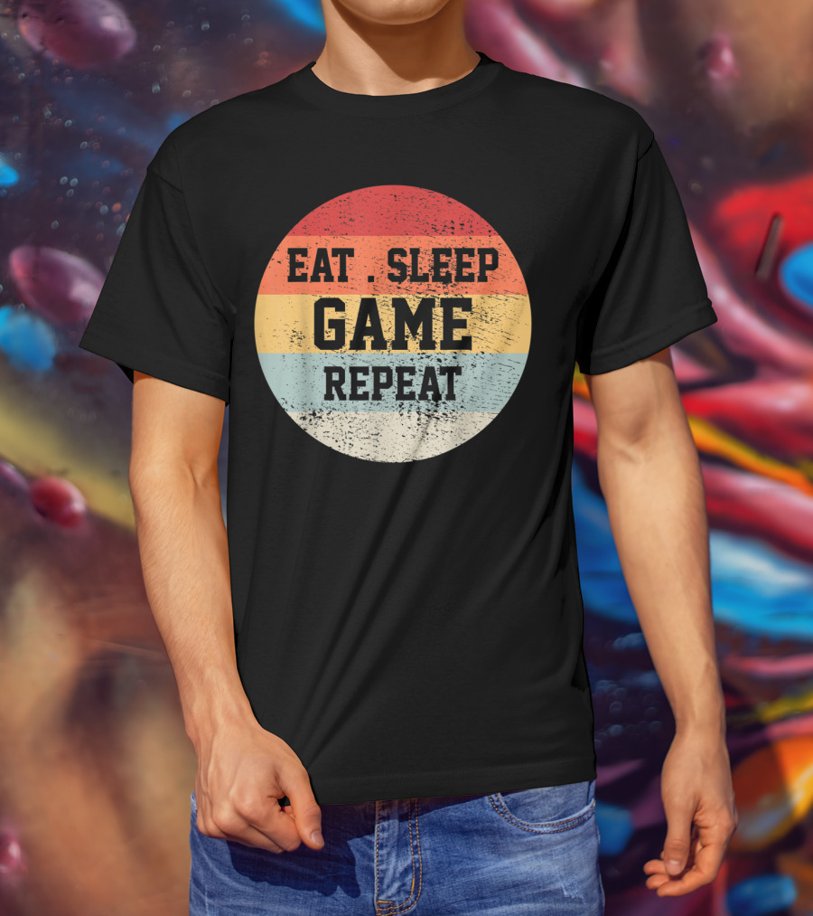 Eat Sleep Game Repeat Vintage Retro Stripes T-Shirt