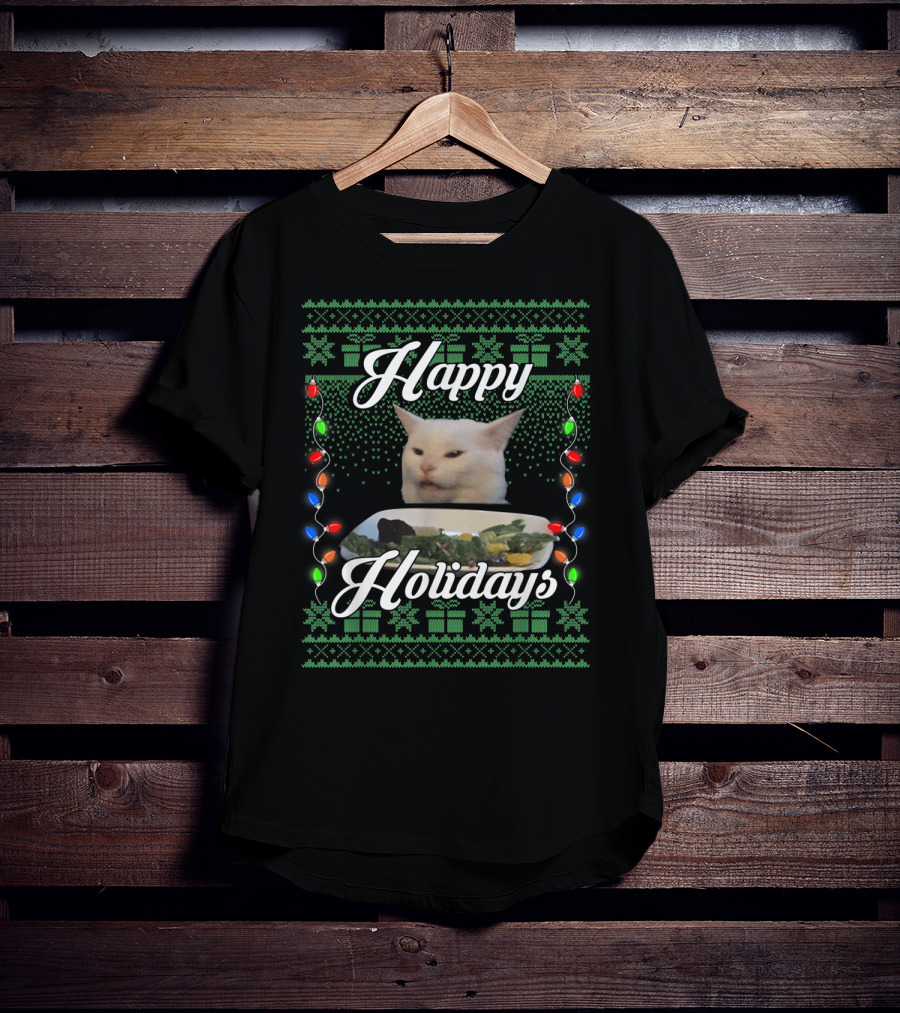 Happy Holidays Cat Meme With Festive Lights And Green Gift T-Shirt