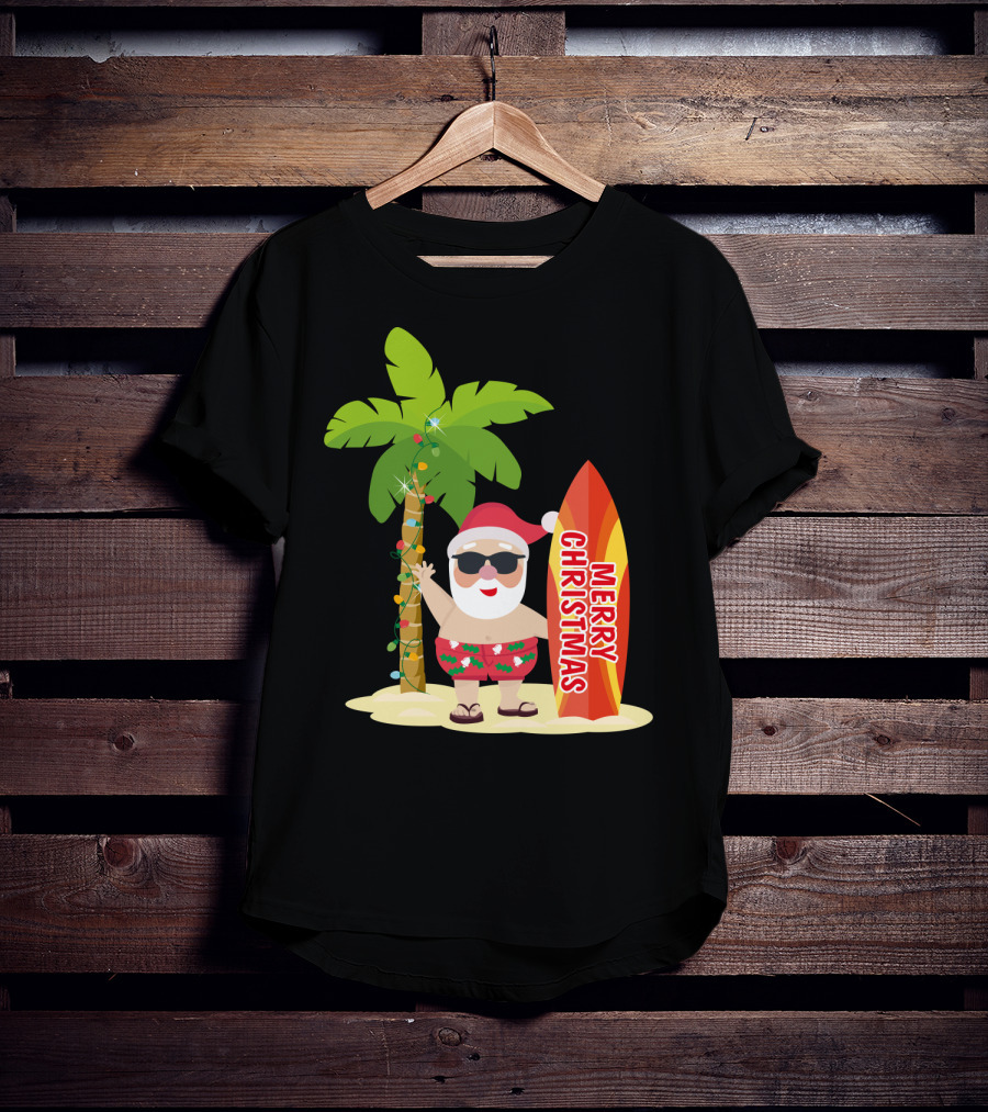 Merry Christmas Hawaiian Funny Ugly Cute Surfing Santa Holiday T-Shirt