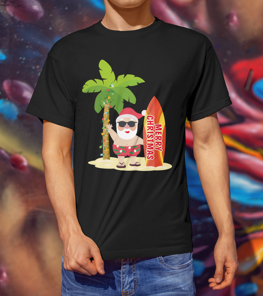 Merry Christmas Hawaiian Funny Ugly Cute Surfing Santa Holiday T-Shirt
