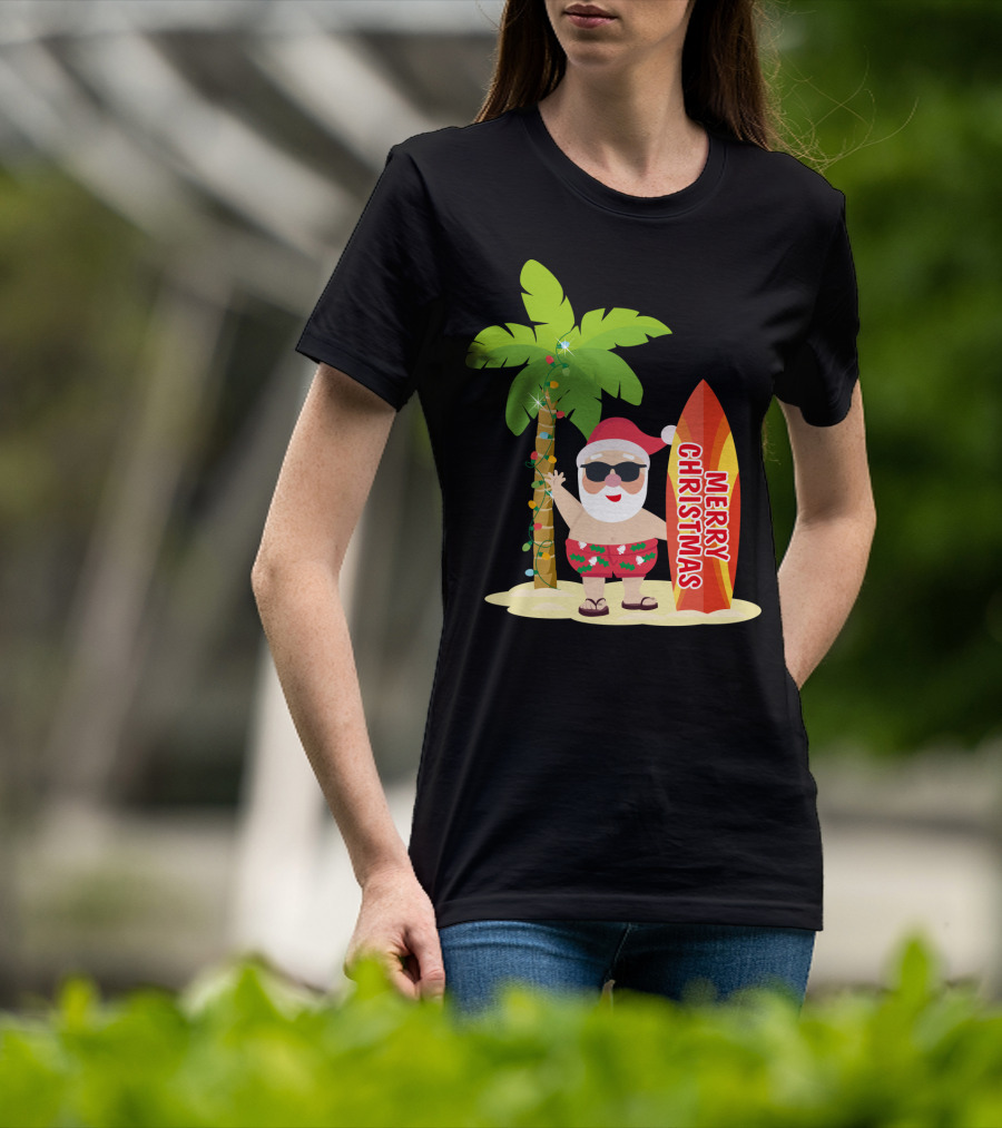 Merry Christmas Hawaiian Funny Ugly Cute Surfing Santa Holiday T-Shirt
