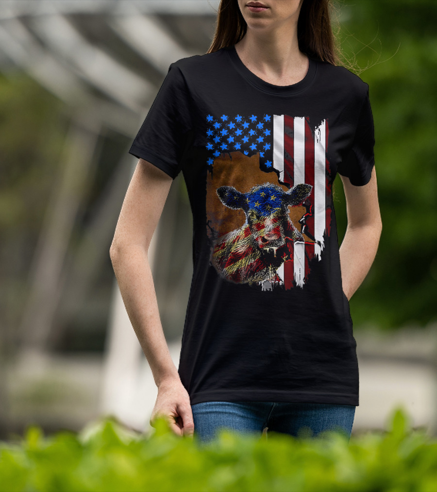 Heifer American Flag Farmer Cow Cattle July 4 T-Shirt
