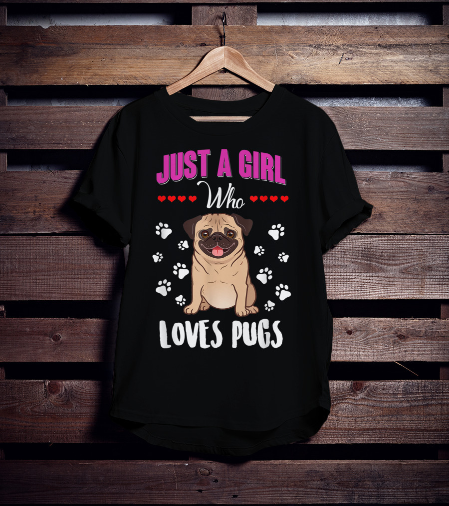 Just A Girl Who Loves Pugs With Paw Prints And Hearts T-Shirt