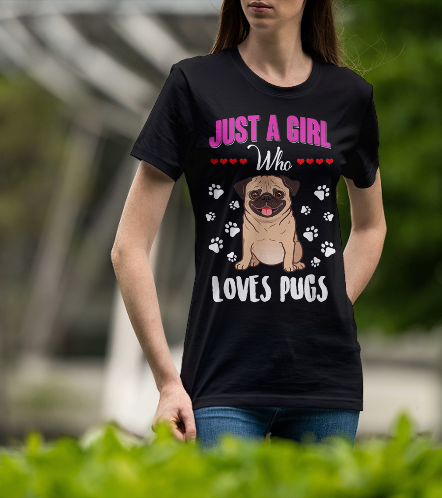 Just A Girl Who Loves Pugs With Paw Prints And Hearts T-Shirt