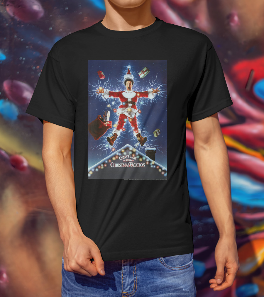 Chevy Chase Kids National Lampoon's Christmas Vacation Santa With Presents And Lights Explosion T-Shirt